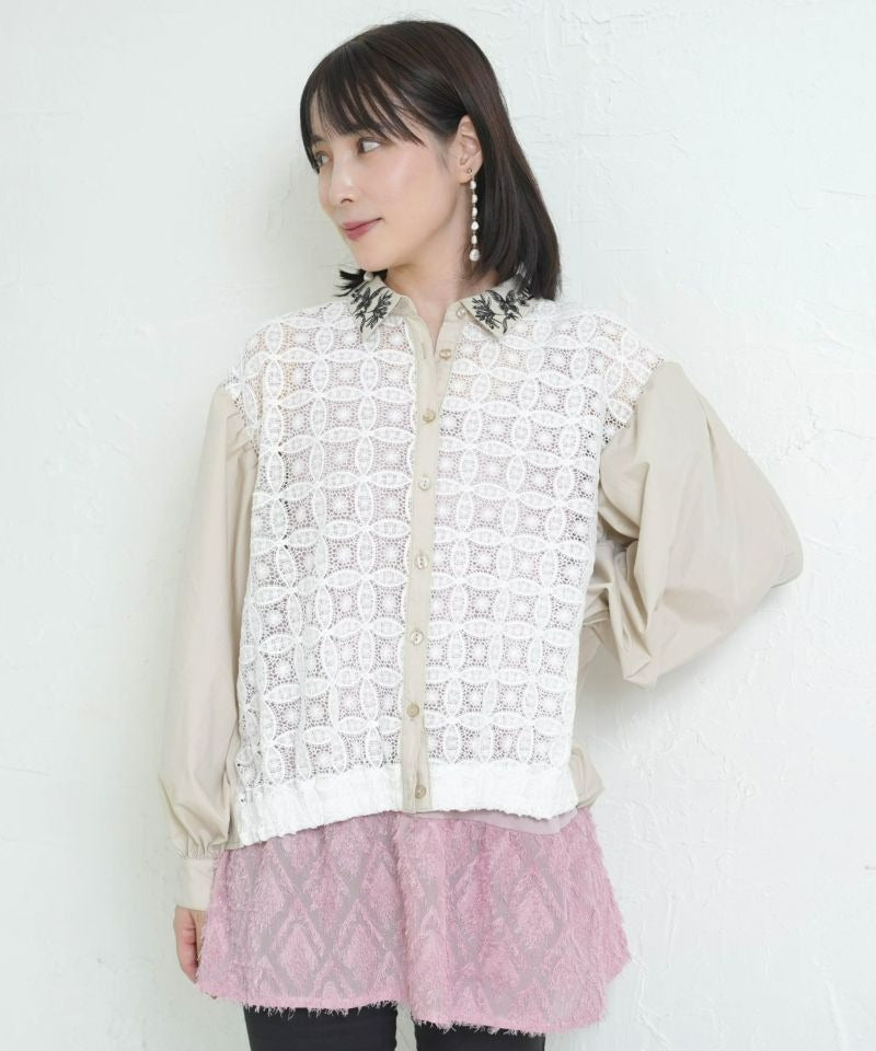 スカラー ScoLar 蝶花刺繍 レース切替シャツ （アイボリー） アイボリー