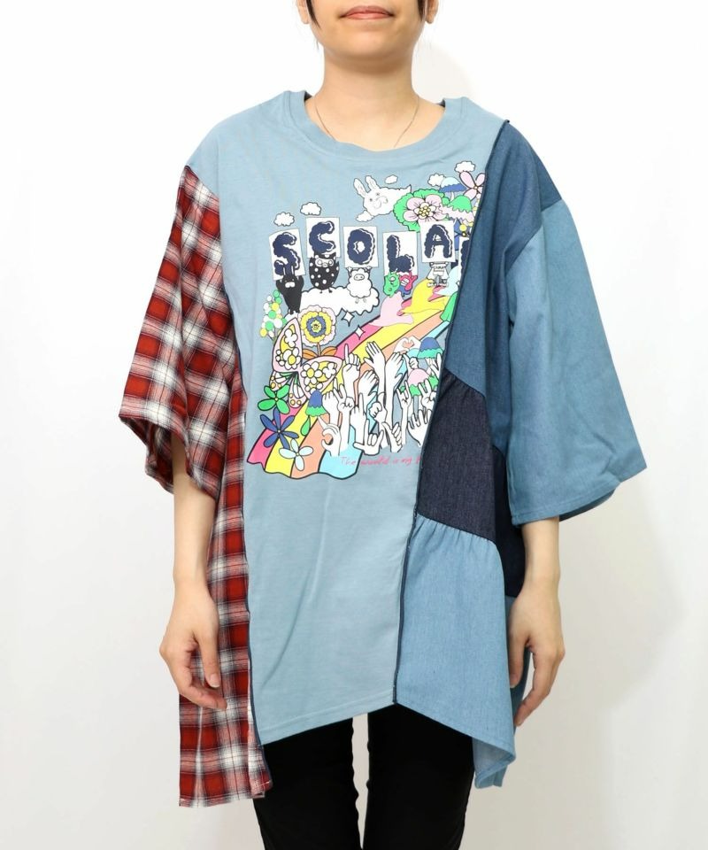 スカラー ScoLar 26周年スタート柄 チェック×デニム切替チュニック （ブルー） ブルー