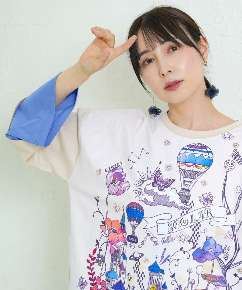 スカラー ScoLar メルヘンな街柄レイヤード風プルオーバー （アイボリー） アイボリー