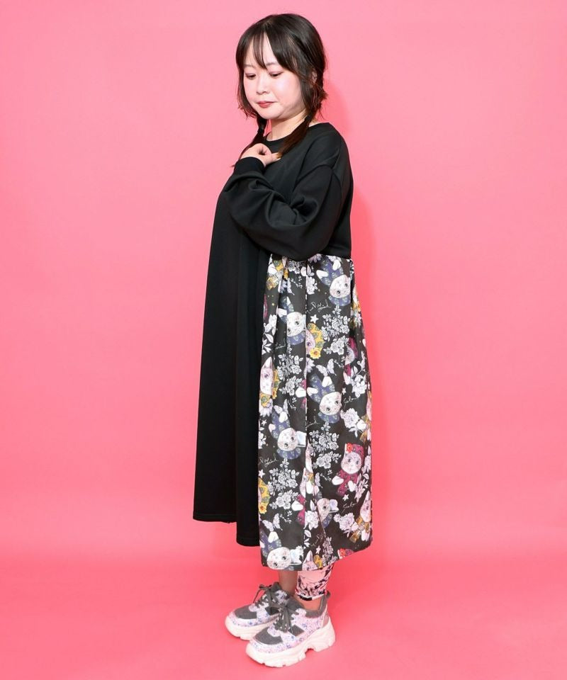 スカラー ScoLar おめかしネコ柄 切替ワンピース （ブラック） ブラック