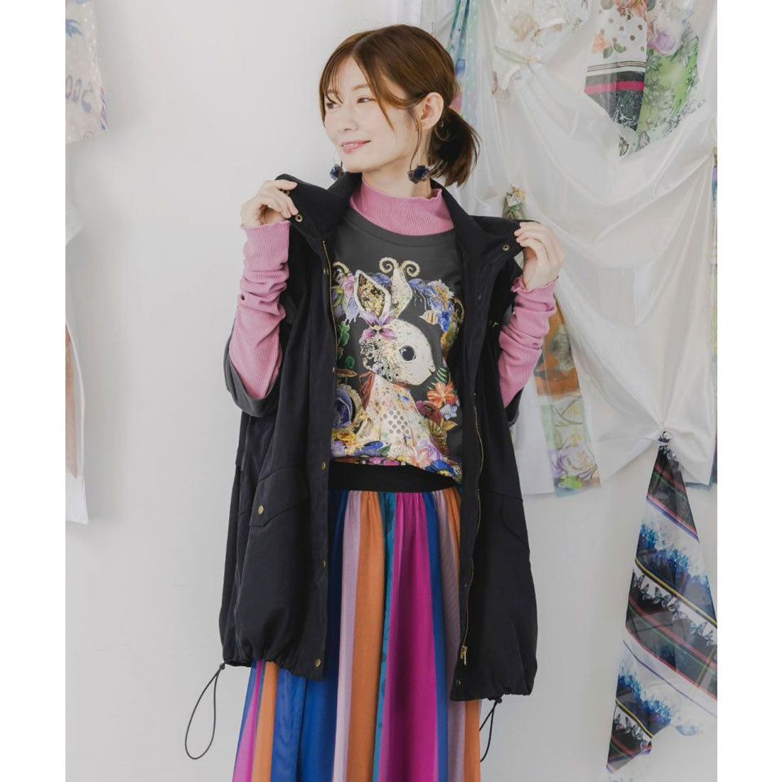 スカラー ScoLar メルヘンキノコ刺繍 2WAYブルゾン （ブラック） ブラック