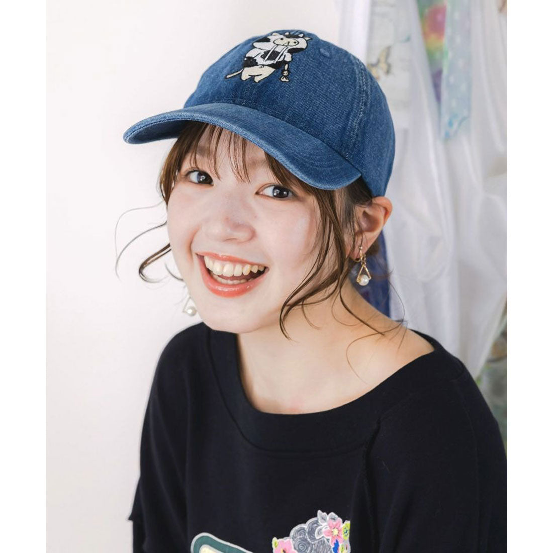スカラー ScoLar 牛ネコ刺繍デニムキャップ （ブルー） ブルー