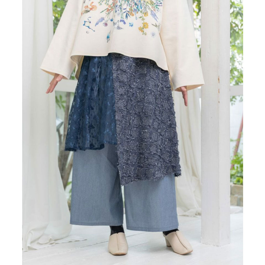 スカラー ScoLar レース×チェック柄 異素材切替パンツ （ネイビー） ネイビー