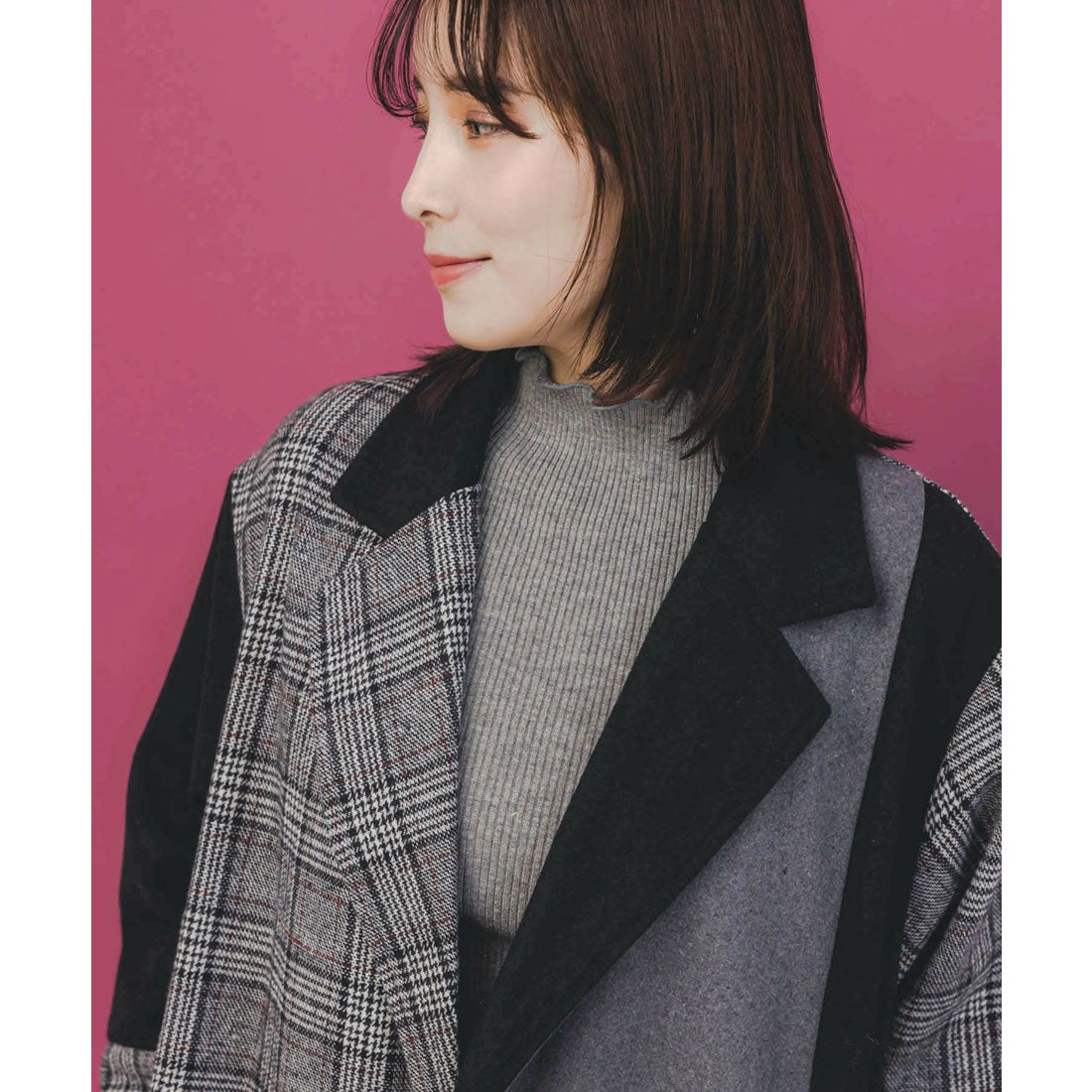 スカラー ScoLar バラ刺繍起毛チェック×蝶レース×フェイクウールコート （ブラック） ブラック