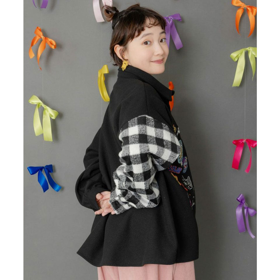 スカラー ScoLar POP刺繍×チェック柄シャツ （アイボリー） アイボリー