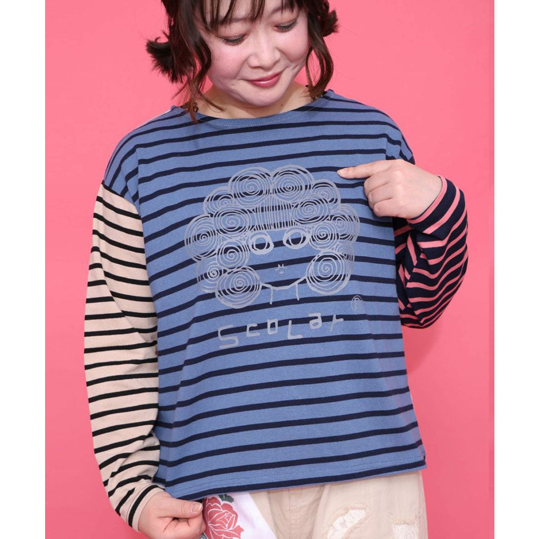 スカラー ScoLar スカラーちゃん×ミックス配色ボーダープルオーバー （グレー） グレー