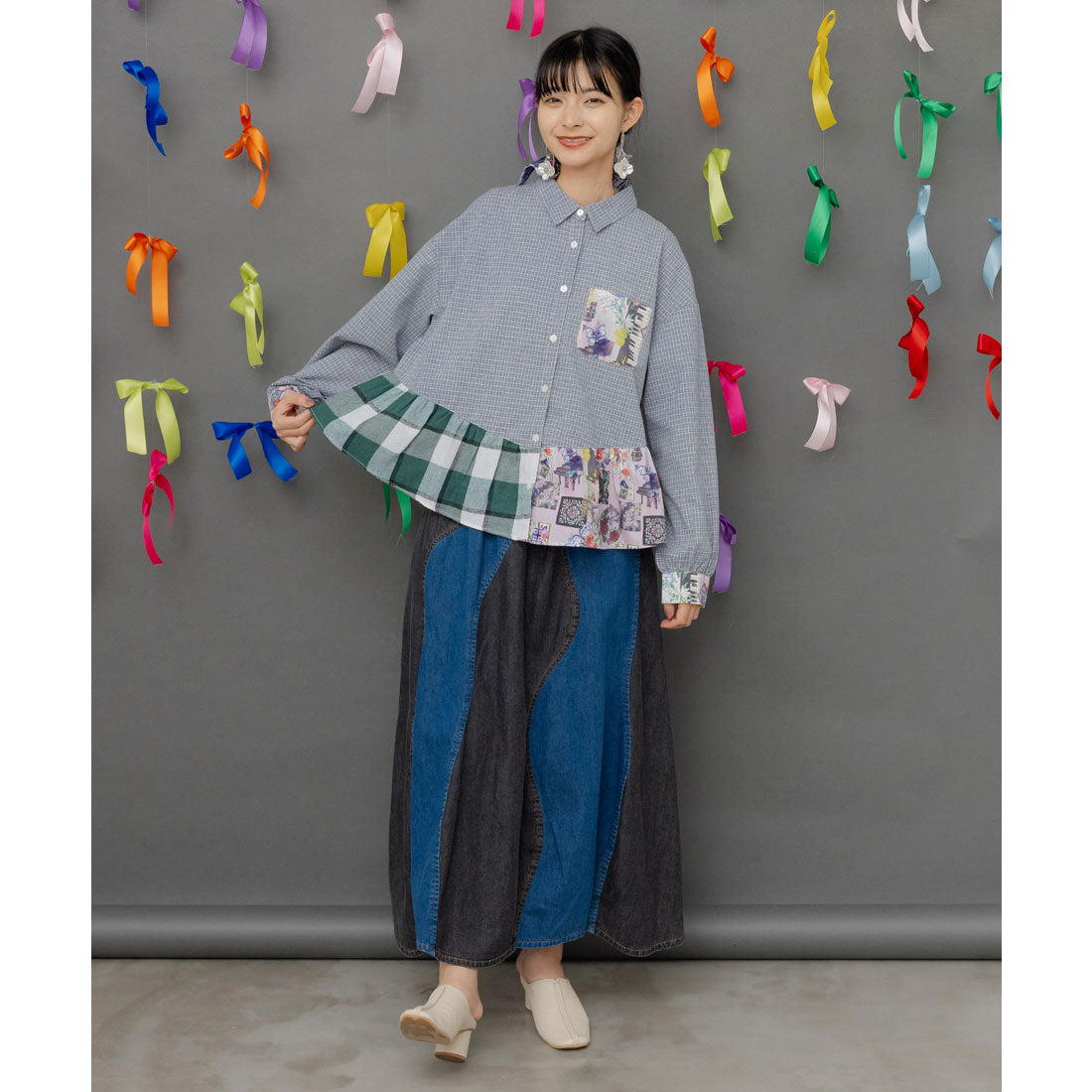 スカラー ScoLar チェック切替シャツ （ネイビー） ネイビー