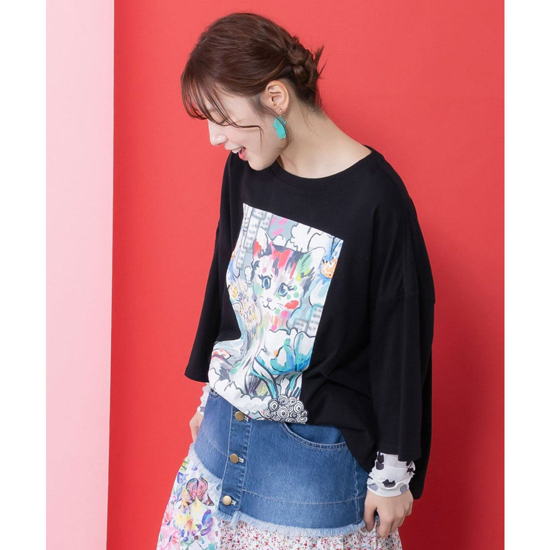 スカラー ScoLar 画家スカラーちゃんネコ柄チュール切替チュニック （オフホワイト） オフホワイト