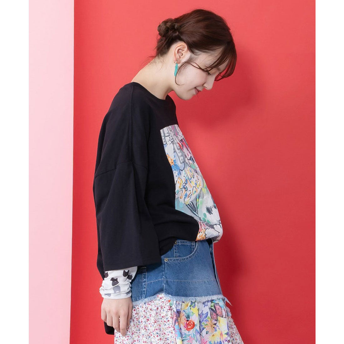 スカラー ScoLar 画家スカラーちゃんネコ柄チュール切替チュニック （オフホワイト） オフホワイト