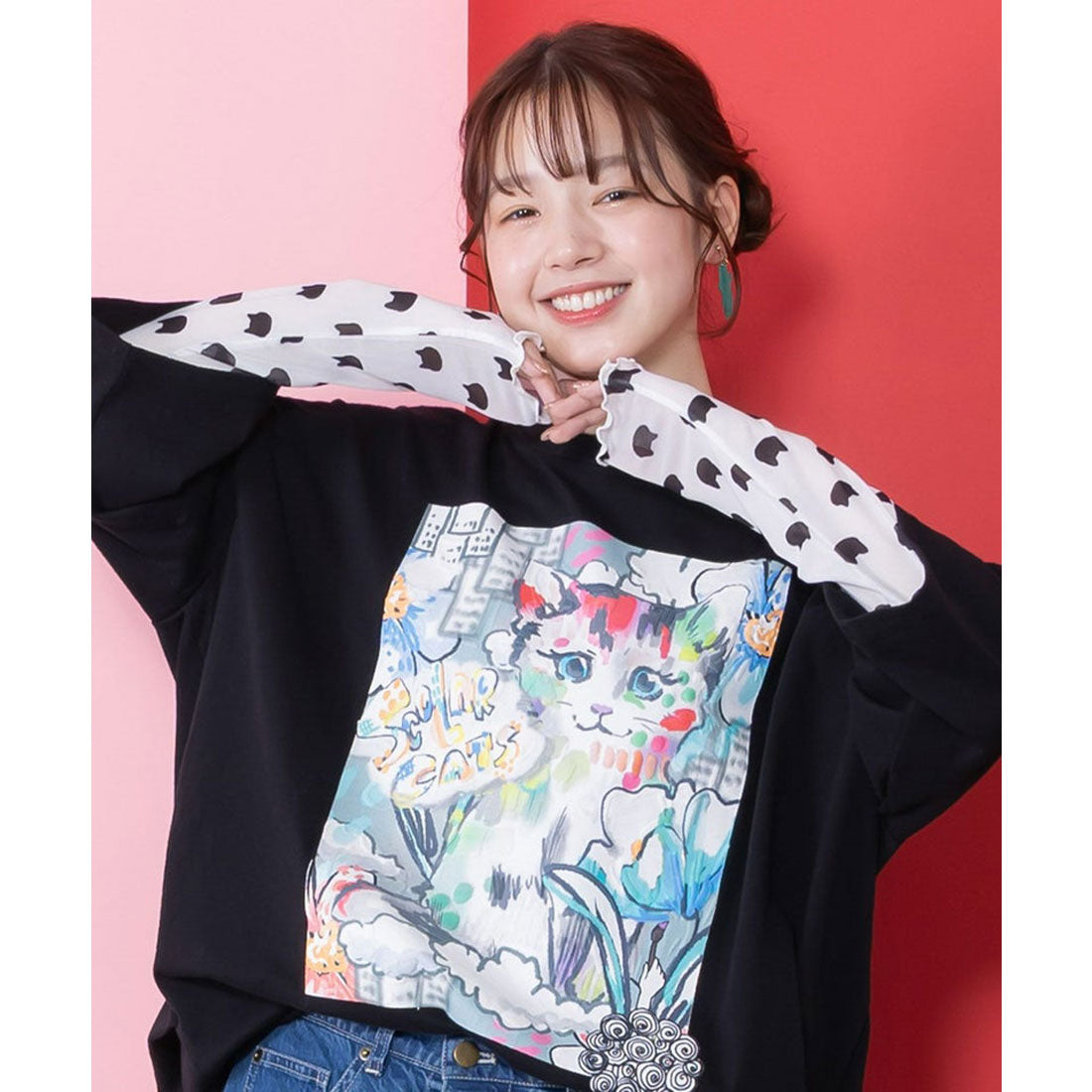 スカラー ScoLar 画家スカラーちゃんネコ柄チュール切替チュニック （オフホワイト） オフホワイト