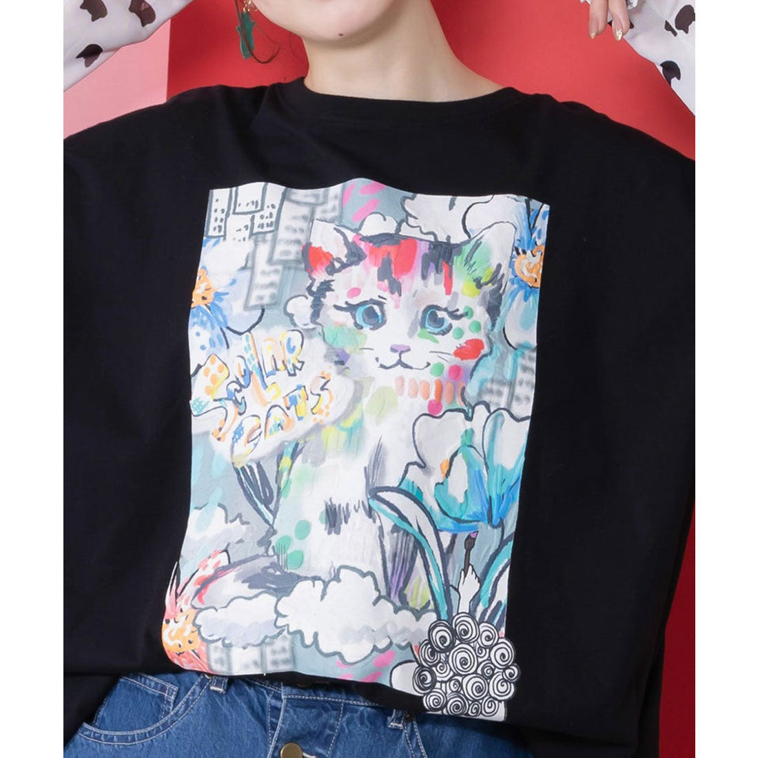 スカラー ScoLar 画家スカラーちゃんネコ柄チュール切替チュニック （オフホワイト） オフホワイト