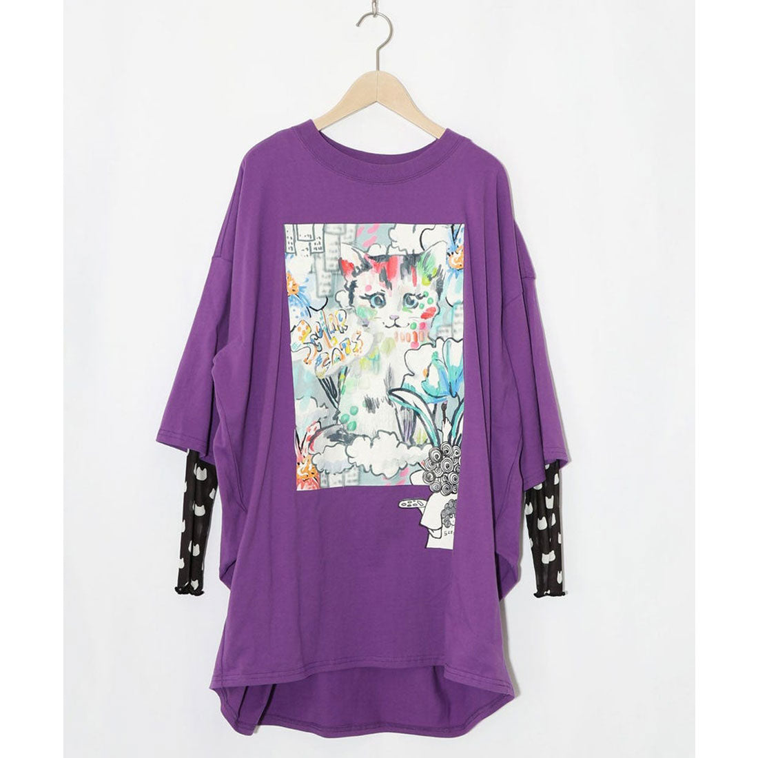 スカラー ScoLar 画家スカラーちゃんネコ柄チュール切替チュニック （パープル） パープル