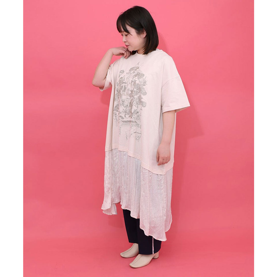 スカラー ScoLar 箔ラメ入りツリーハウス柄プリーツ切替ワンピース （アイボリー） アイボリー