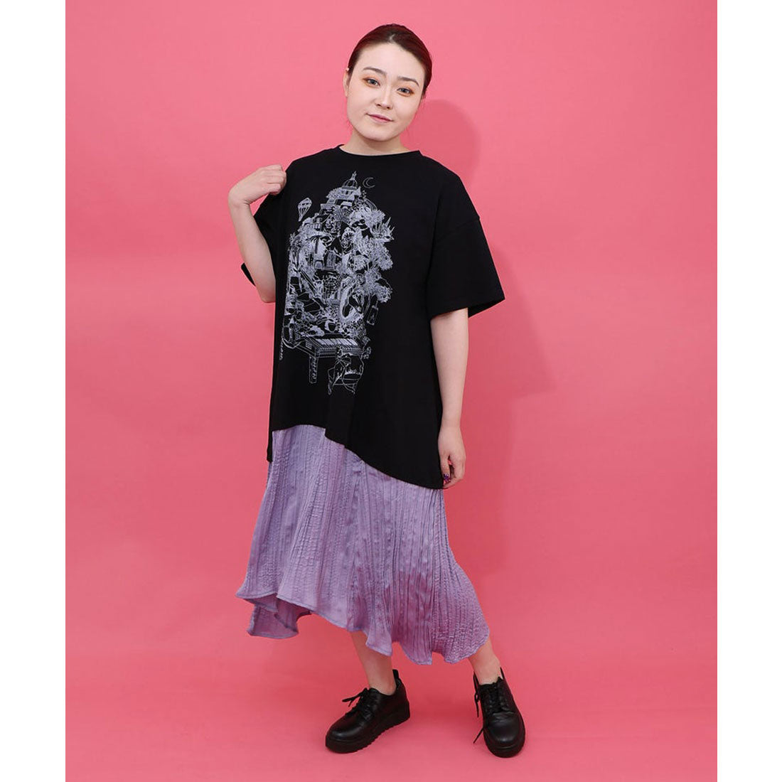 スカラー ScoLar 箔ラメ入りツリーハウス柄プリーツ切替ワンピース （ブラック） ブラック