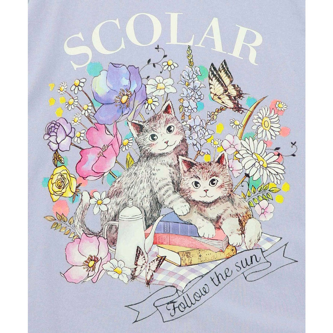 スカラー ScoLar 花ネコピクニック柄配色Tシャツ （パープル） パープル