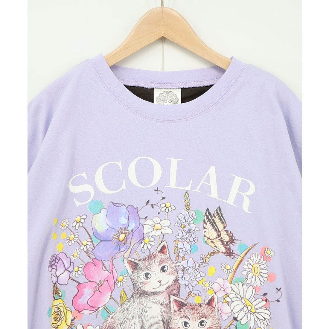 スカラー ScoLar 花ネコピクニック柄配色Tシャツ （パープル） パープル