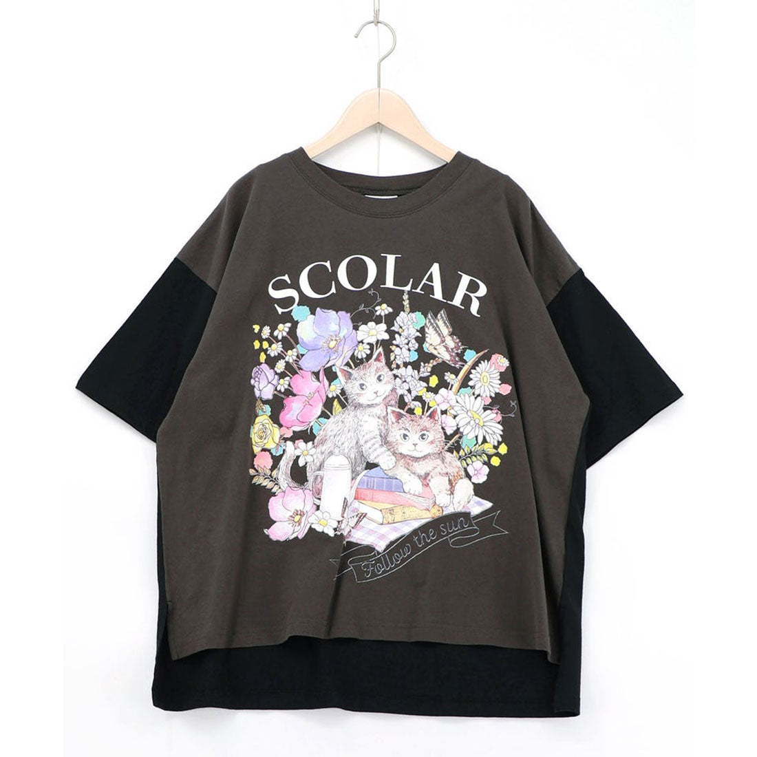 スカラー ScoLar 花ネコピクニック柄配色Tシャツ （チャコールグレー） チャコールグレー