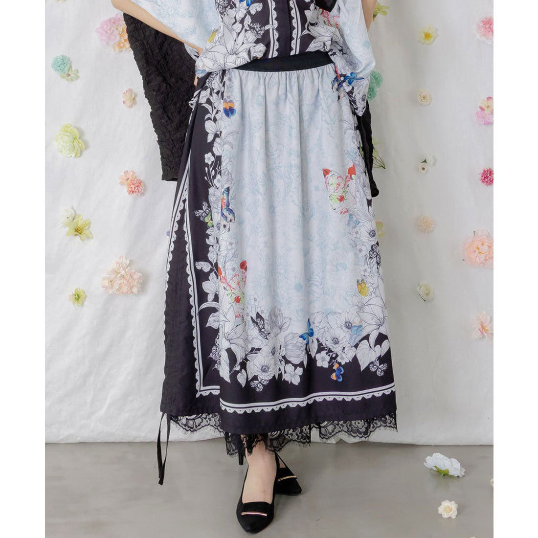 スカラー ScoLar お花いっぱい レース×ドロスト付きスカート （ブラック） ブラック