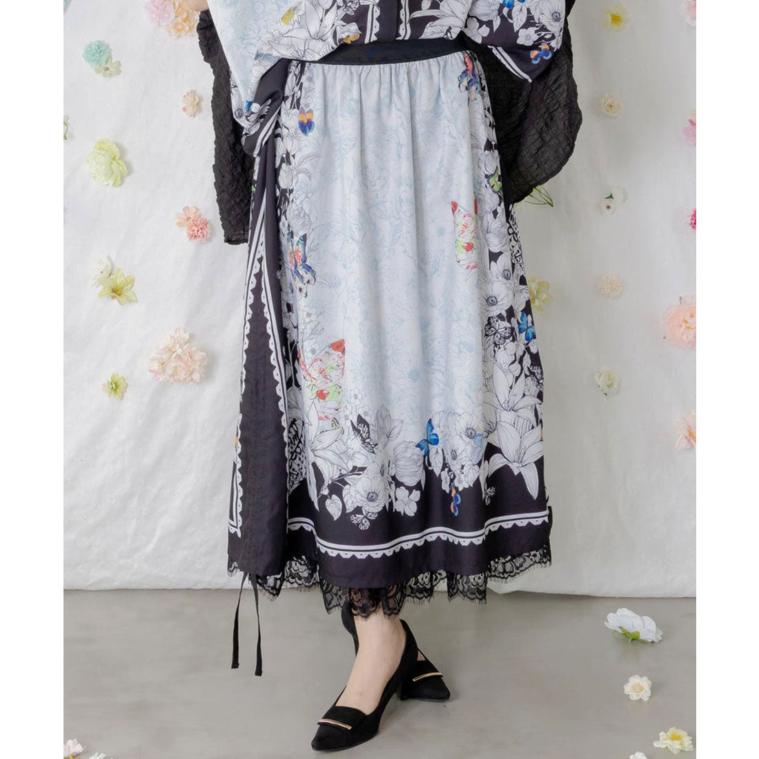 スカラー ScoLar お花いっぱい レース×ドロスト付きスカート （ブラック） ブラック