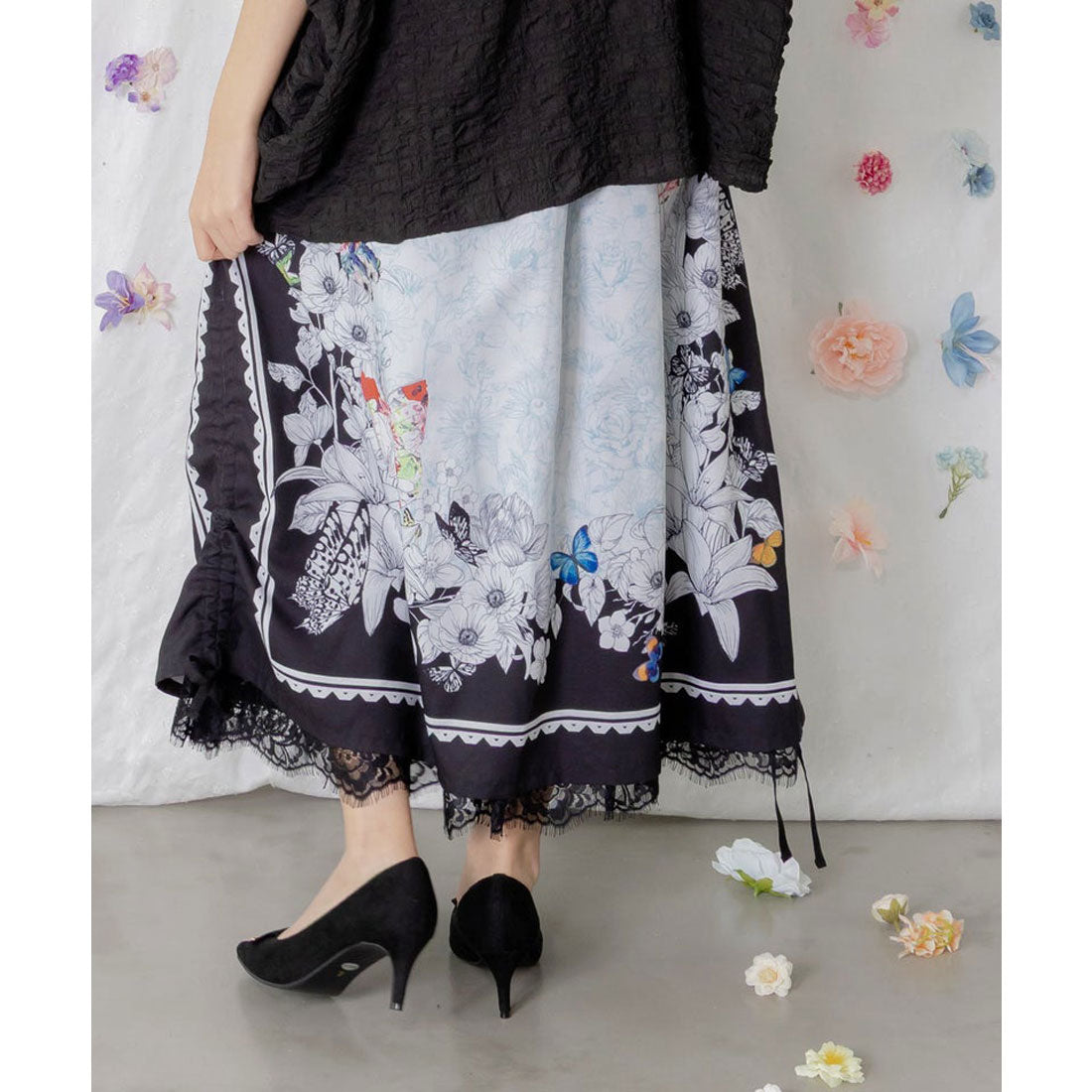 スカラー ScoLar お花いっぱい レース×ドロスト付きスカート （ブラック） ブラック