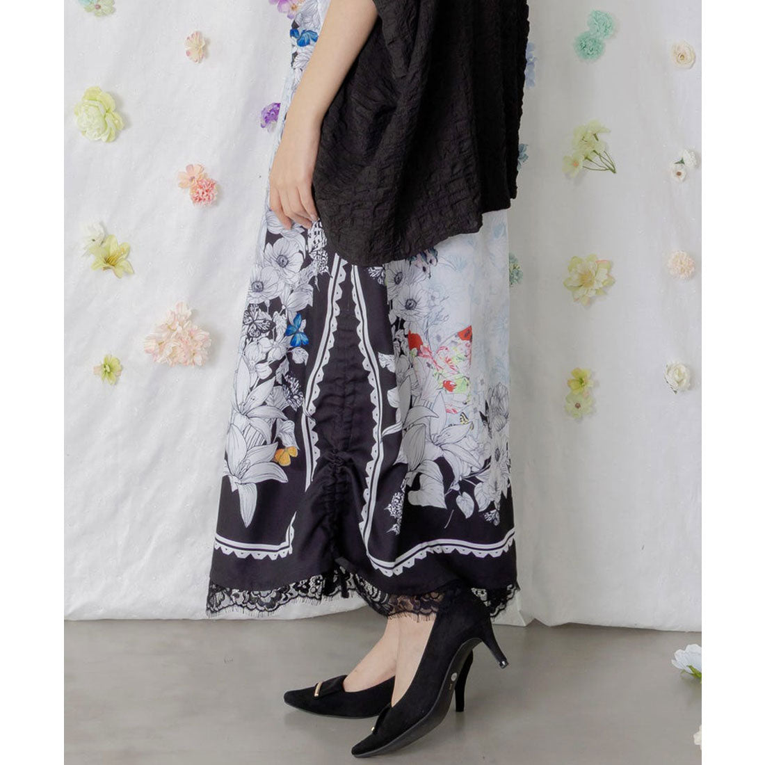 スカラー ScoLar お花いっぱい レース×ドロスト付きスカート （ブラック） ブラック