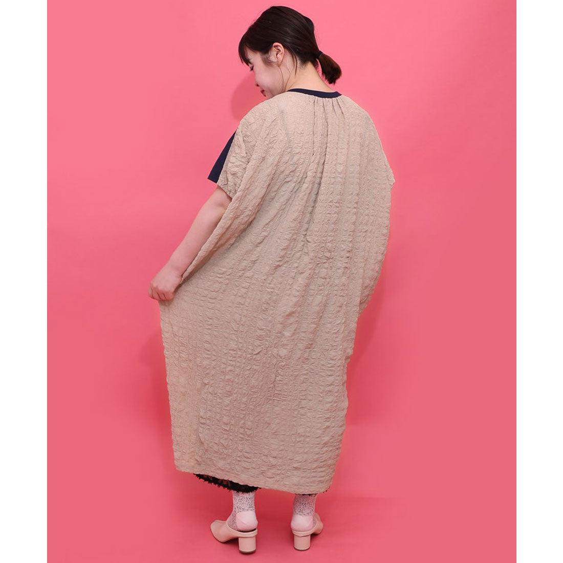 スカラー ScoLar お城のレース風箔プリント異素材切替ワンピース （ネイビー） ネイビー