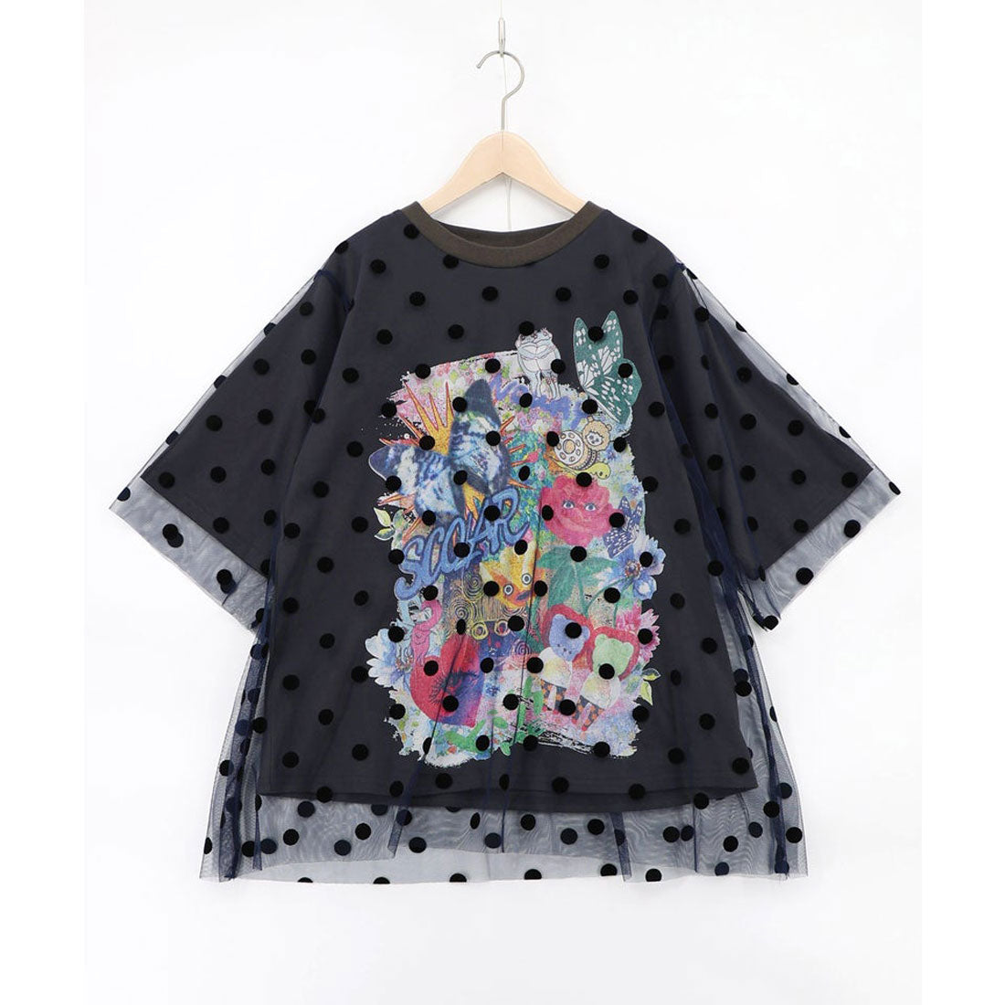 スカラー ScoLar ドットチュール重ねアート柄Tシャツ （チャコールグレー） チャコールグレー