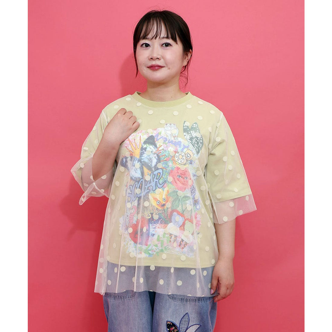 スカラー ScoLar ドットチュール重ねアート柄Tシャツ （チャコールグレー） チャコールグレー