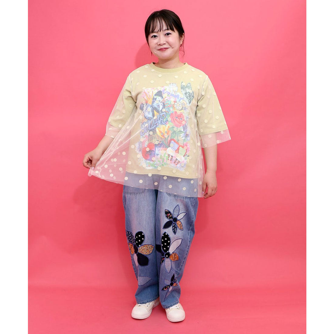 スカラー ScoLar ドットチュール重ねアート柄Tシャツ （チャコールグレー） チャコールグレー
