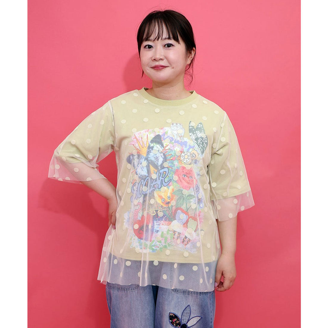 スカラー ScoLar ドットチュール重ねアート柄Tシャツ （チャコールグレー） チャコールグレー