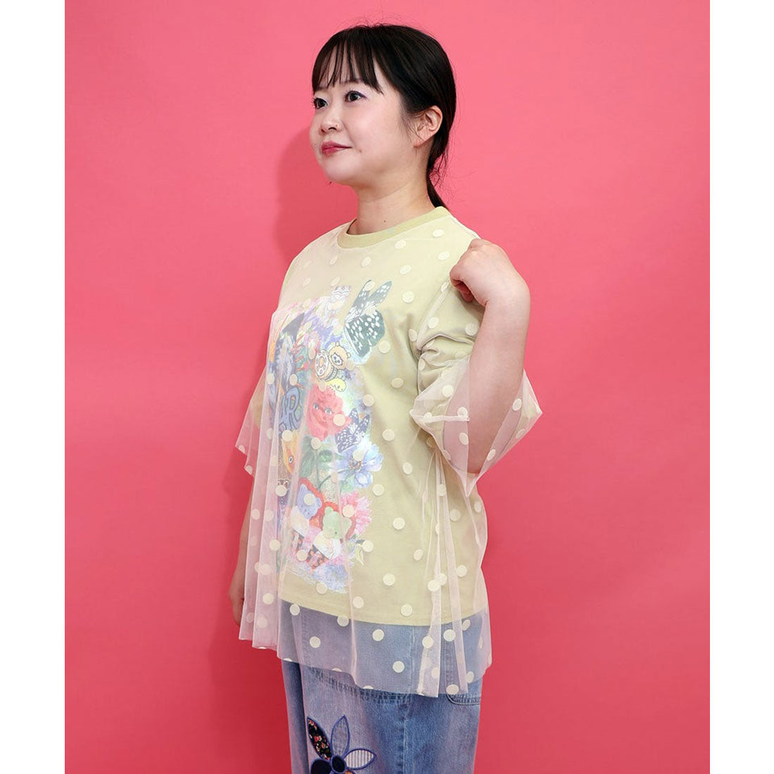 スカラー ScoLar ドットチュール重ねアート柄Tシャツ （チャコールグレー） チャコールグレー