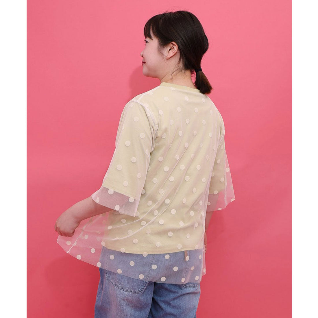 スカラー ScoLar ドットチュール重ねアート柄Tシャツ （チャコールグレー） チャコールグレー
