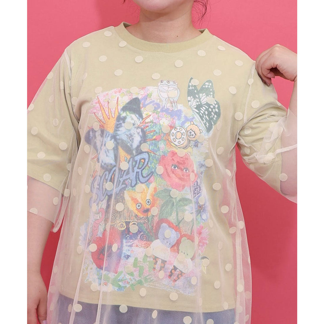 スカラー ScoLar ドットチュール重ねアート柄Tシャツ （チャコールグレー） チャコールグレー