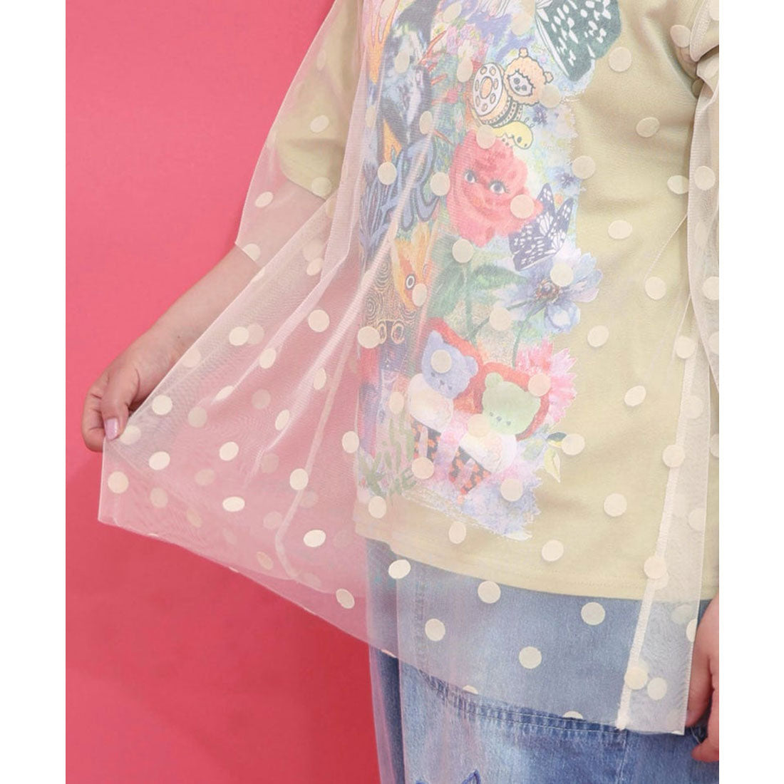 スカラー ScoLar ドットチュール重ねアート柄Tシャツ （チャコールグレー） チャコールグレー