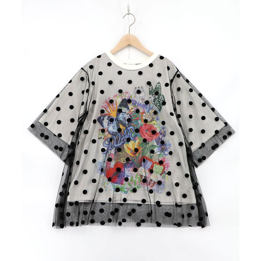 スカラー ScoLar ドットチュール重ねアート柄Tシャツ （オフホワイト） オフホワイト