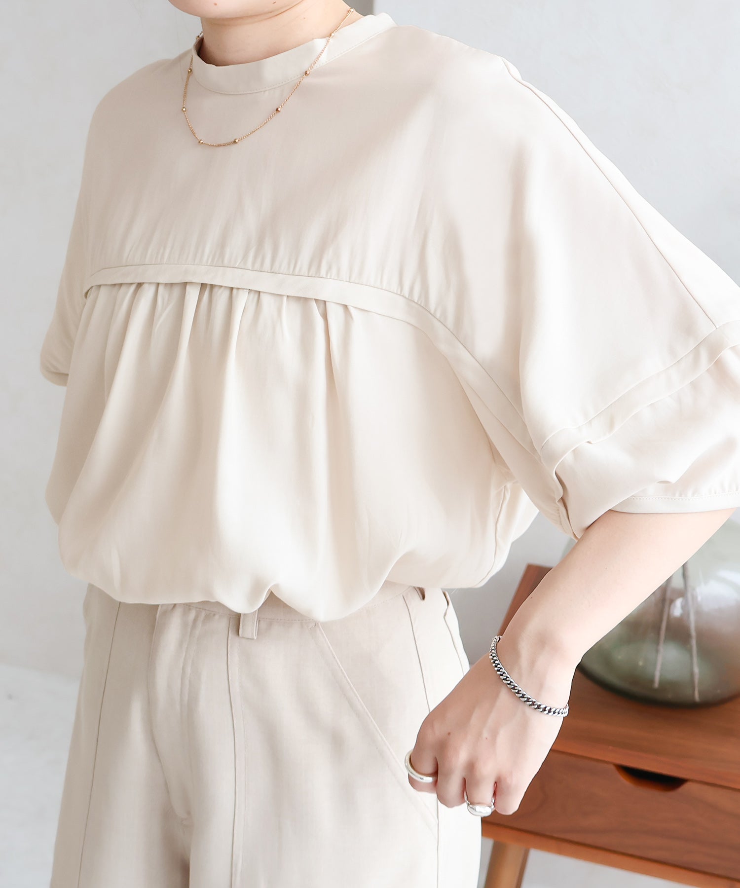 Social Girl SocialGIRL Yoke Switch Gathered Short Sleeve Blouse