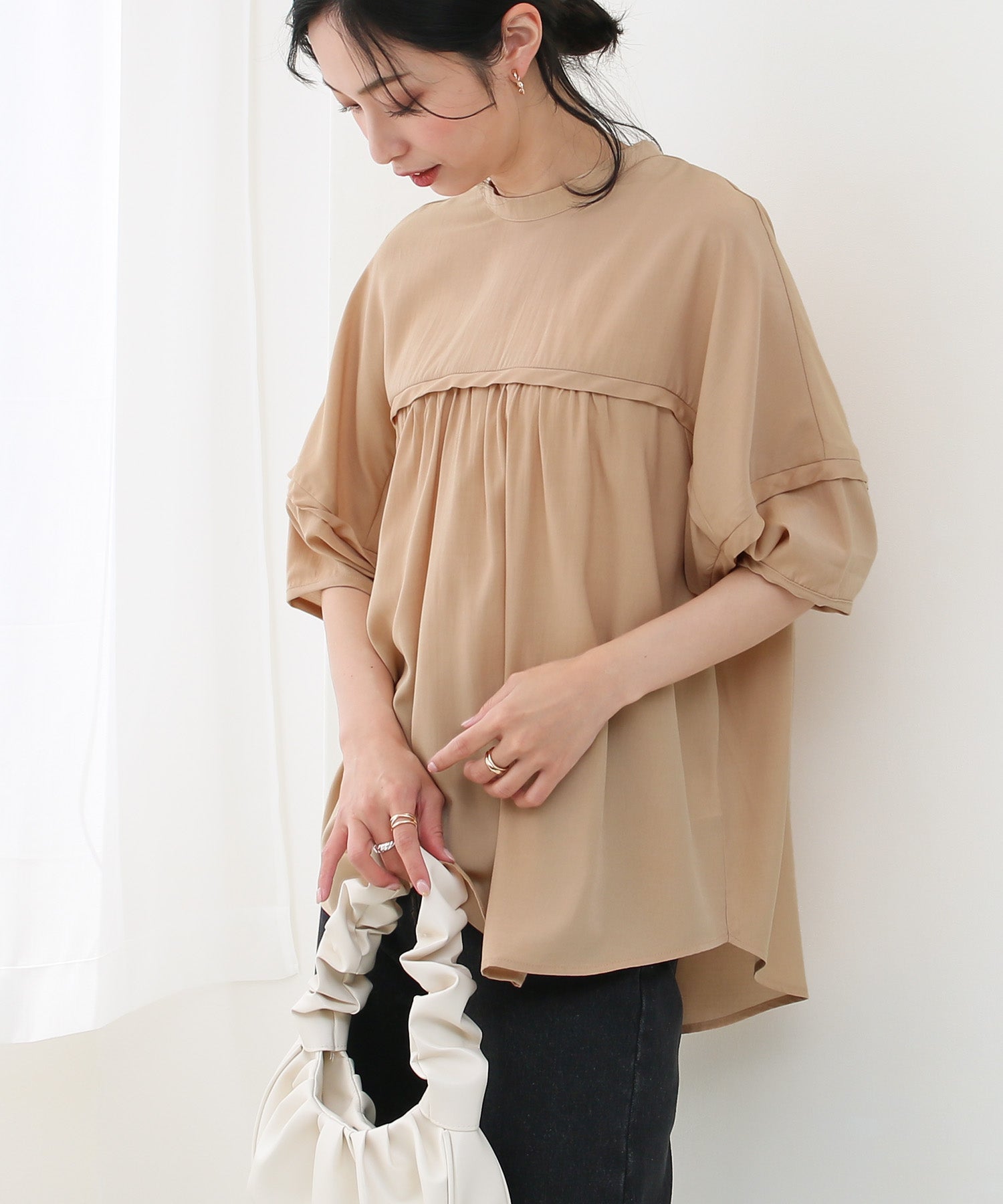 Social Girl SocialGIRL Yoke Switch Gathered Short Sleeve Blouse