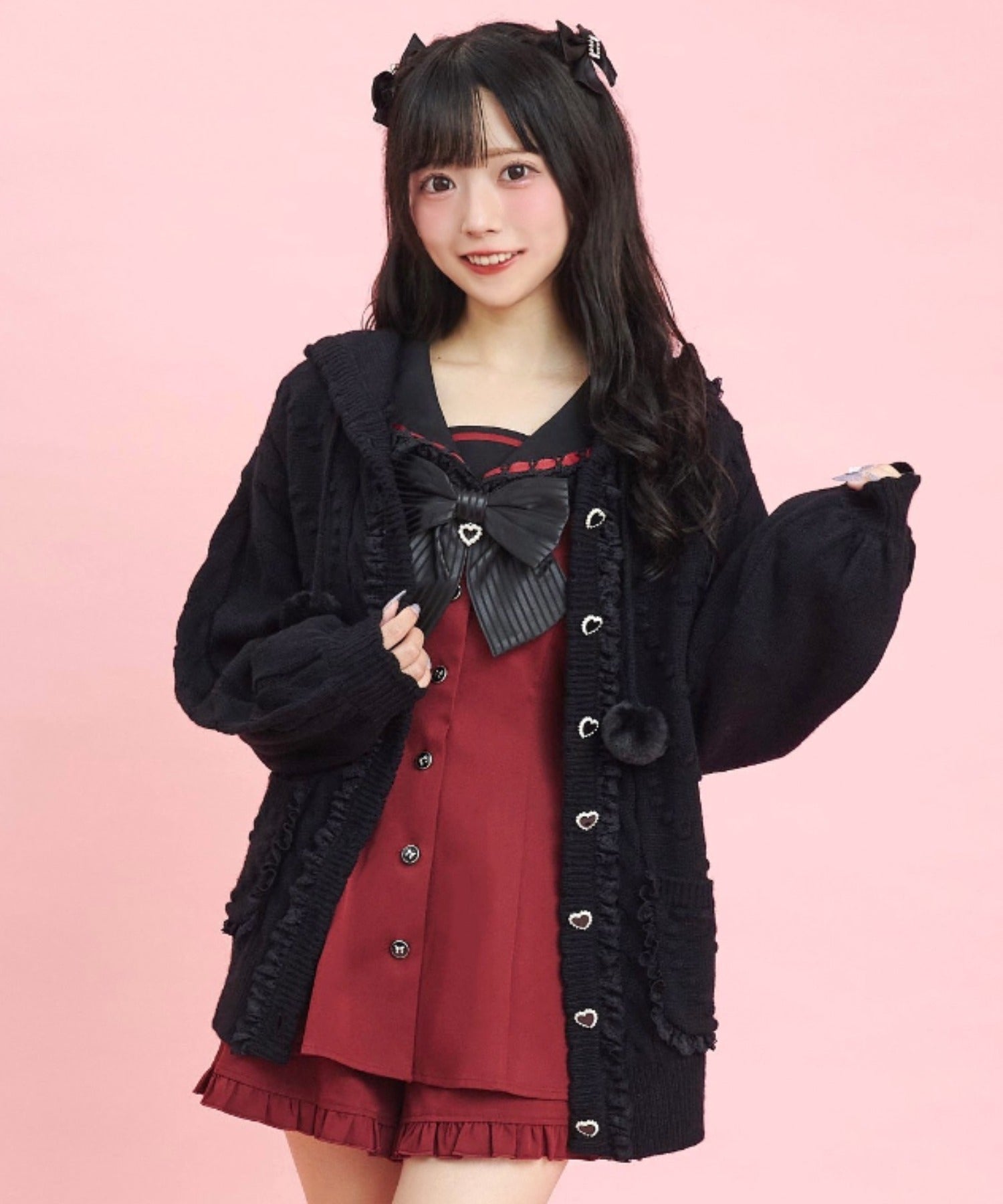 シークレットハニー Secret Honey フード付ハートモチーフニットカーディガン,クロ