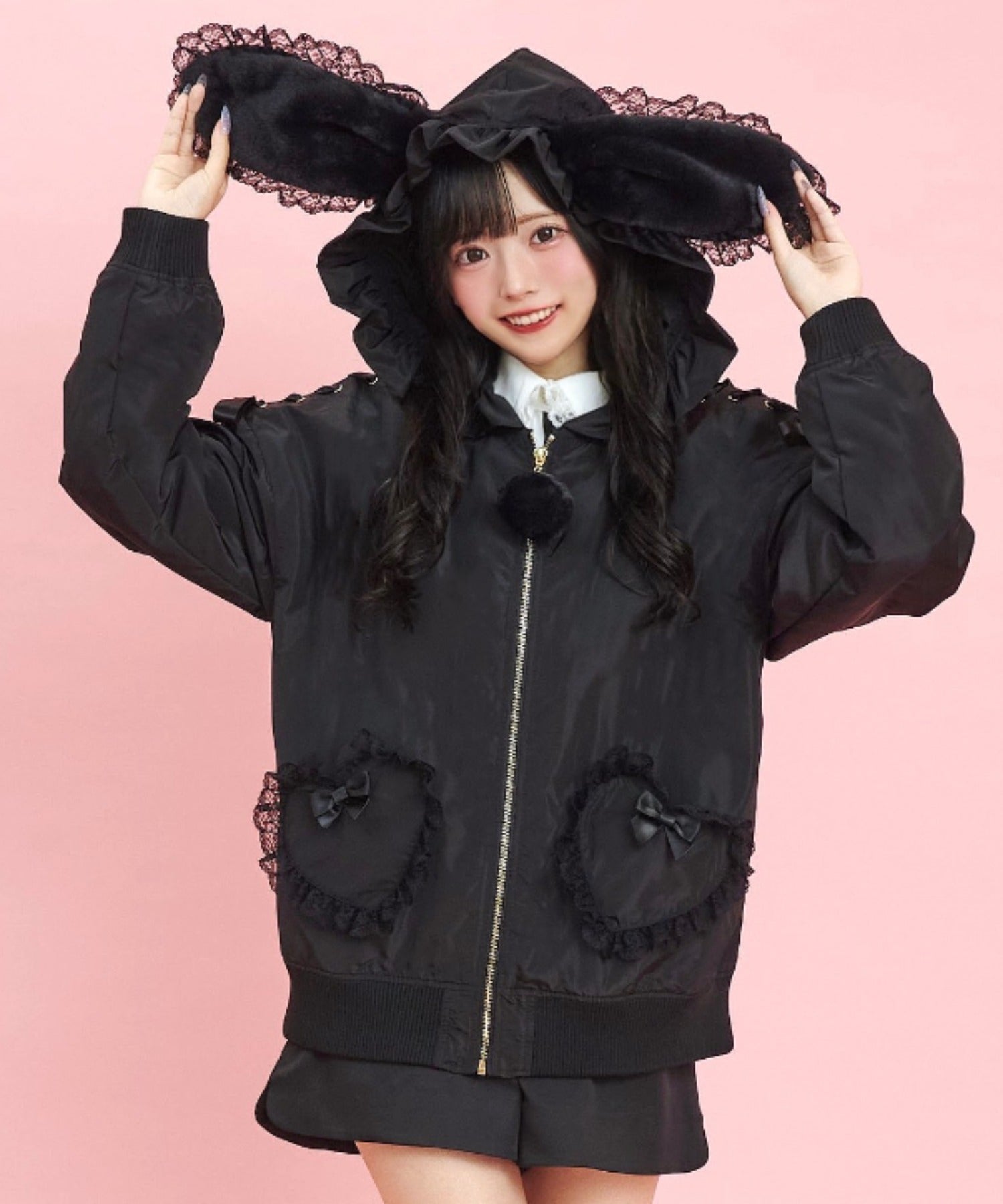 シークレットハニー Secret Honey ファーうさ耳中綿入りブルゾン,クロ