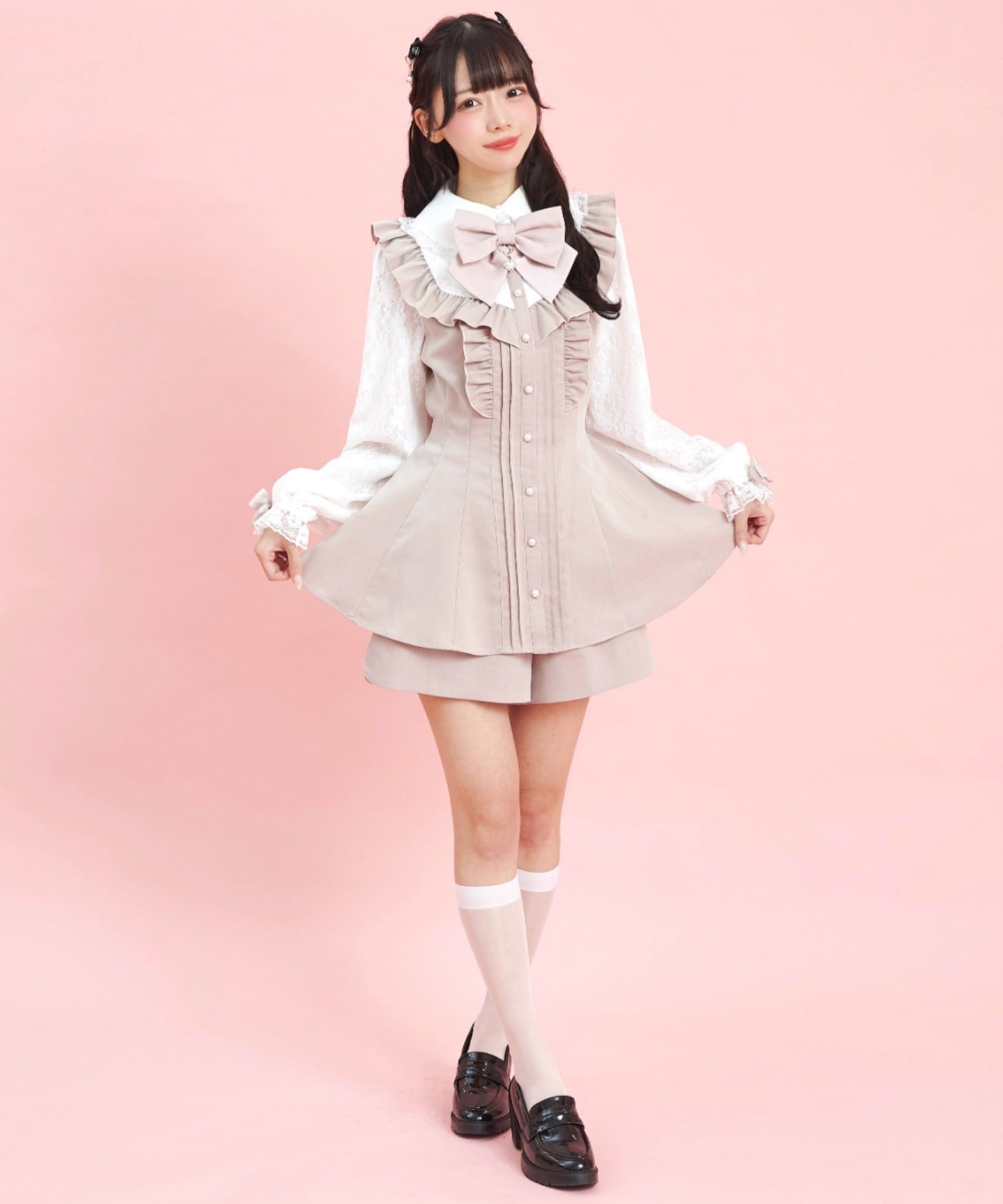 Secret Honey Secret Honey 袖蕾絲拼接褶皺花邊套裝