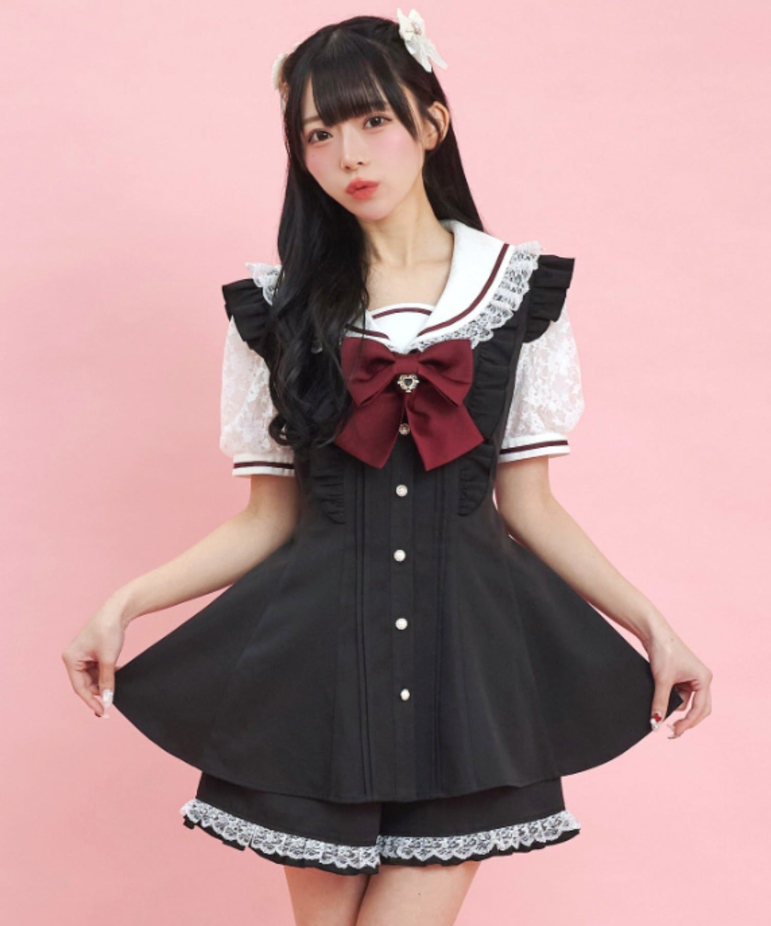 シークレットハニー Secret Honey レースセーラー襟半袖セットアップ （クロ） クロ