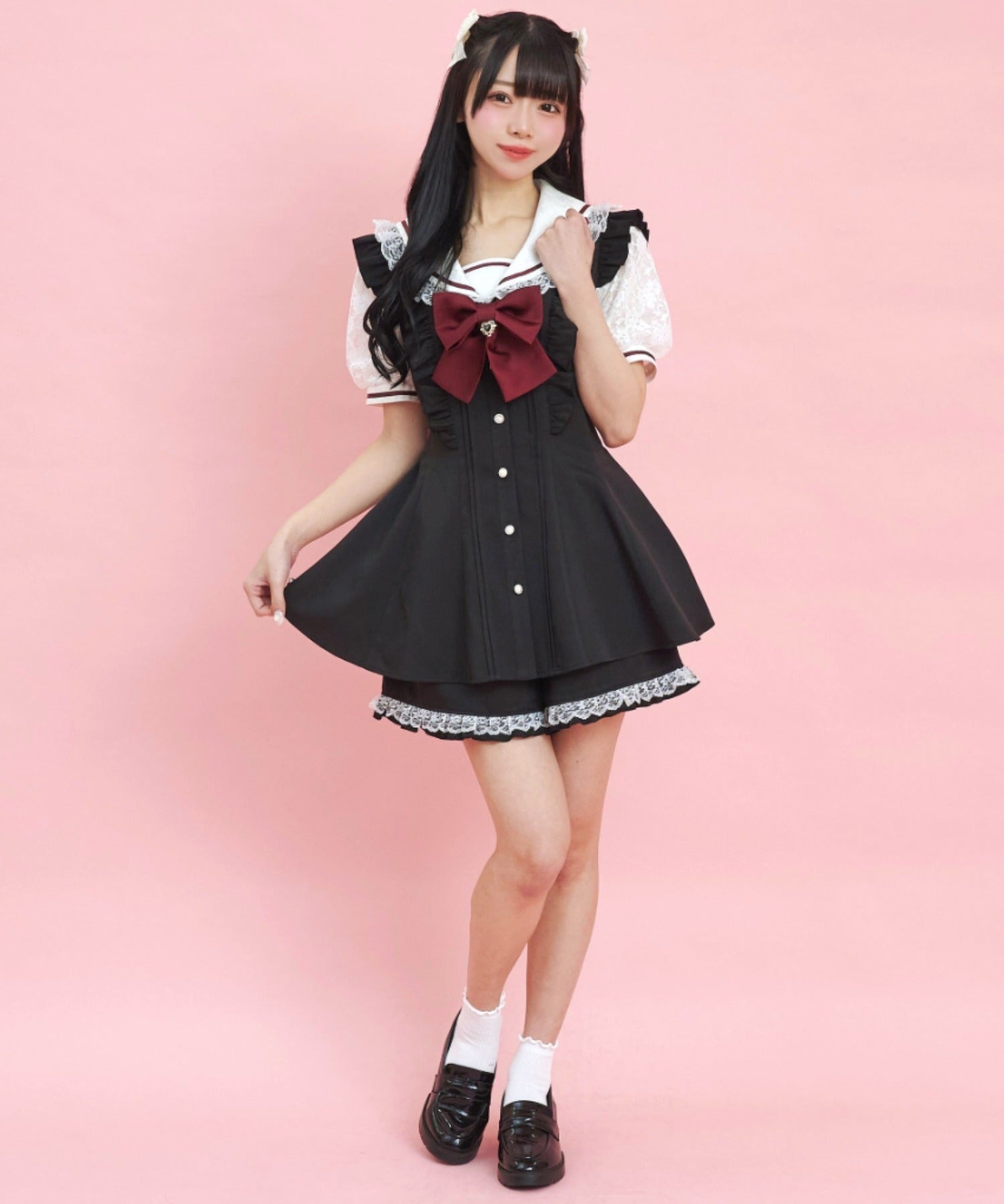 シークレットハニー Secret Honey レースセーラー襟半袖セットアップ （クロ） クロ