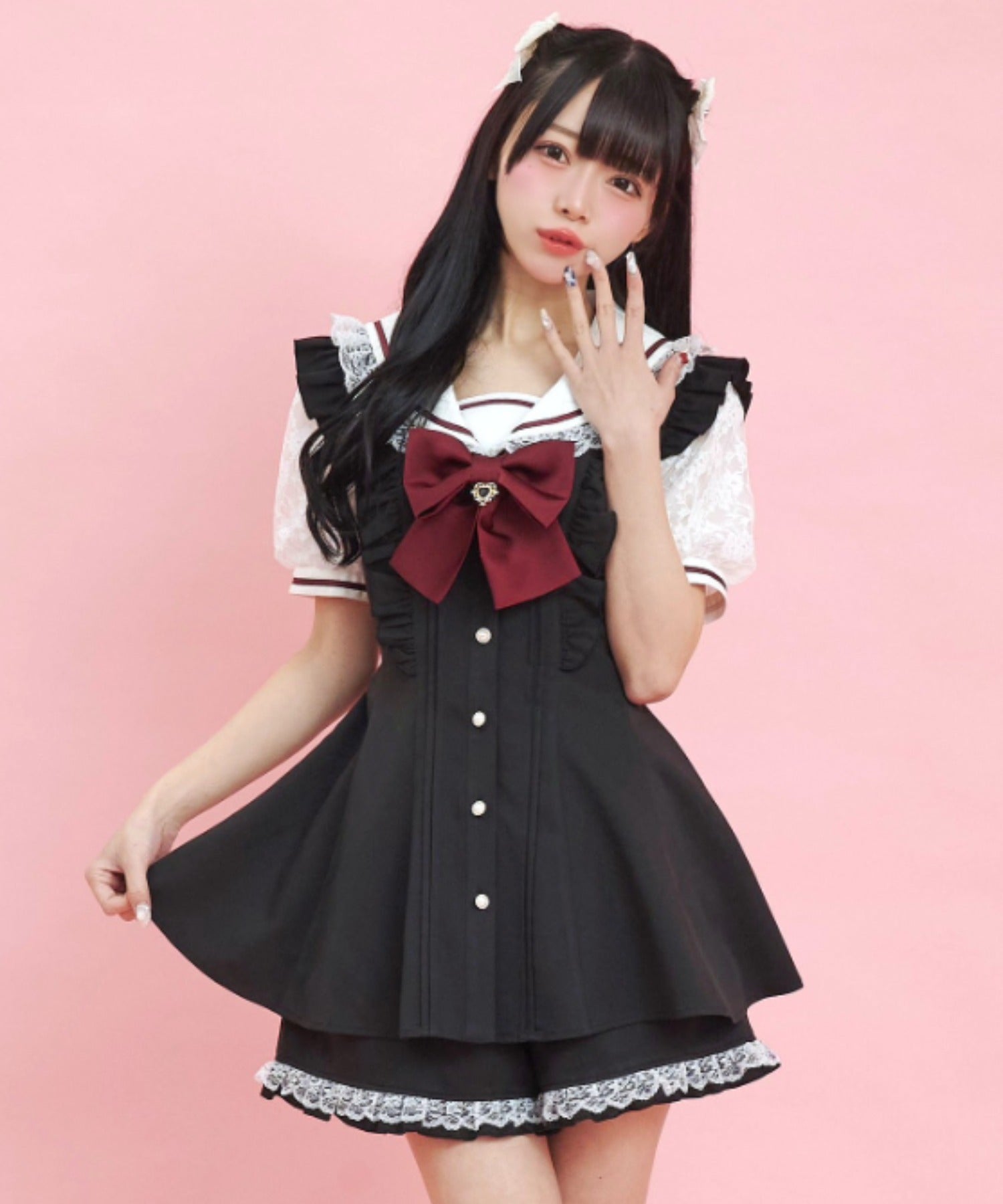 シークレットハニー Secret Honey レースセーラー襟半袖セットアップ （クロ） クロ