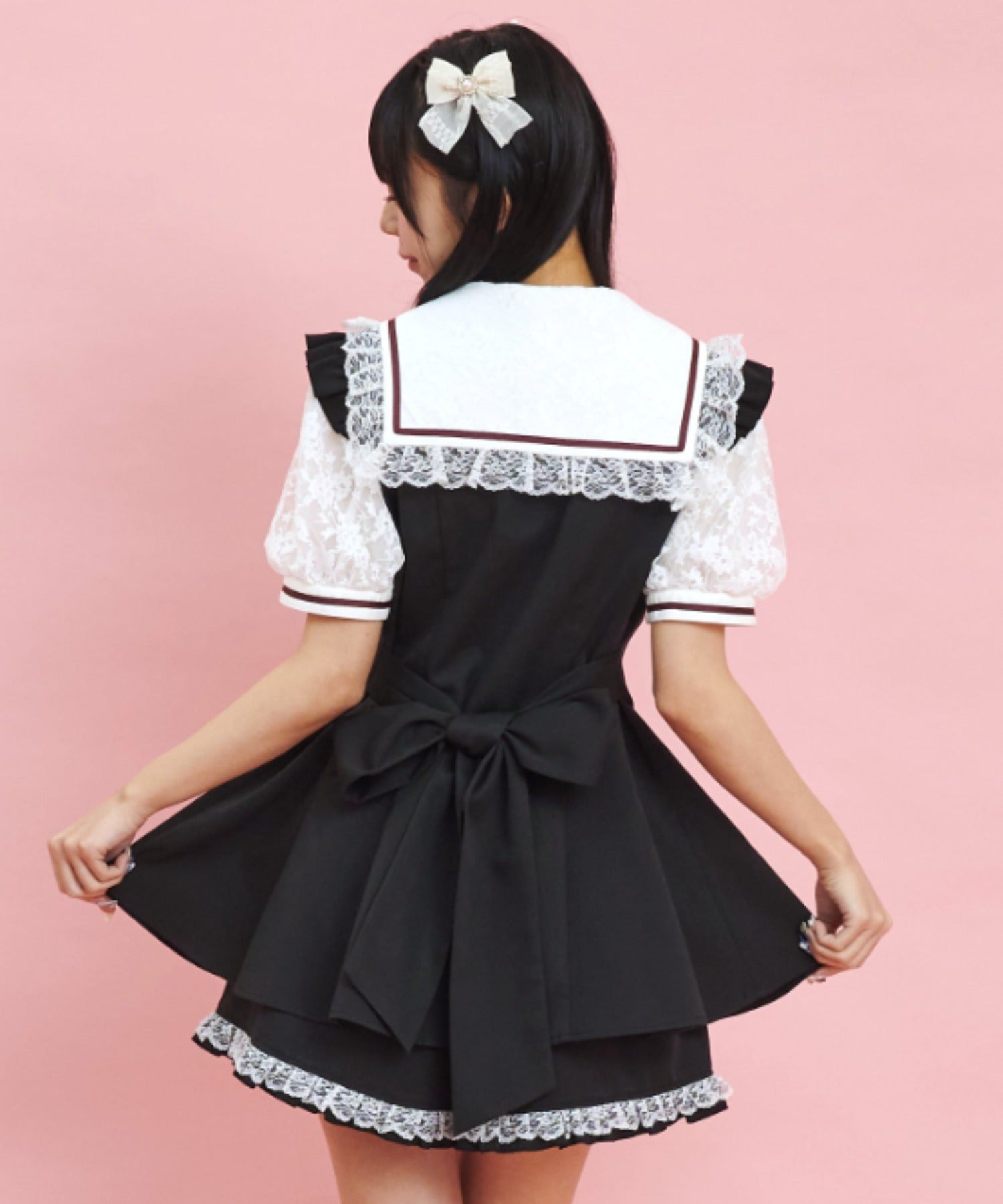 シークレットハニー Secret Honey レースセーラー襟半袖セットアップ （クロ） クロ