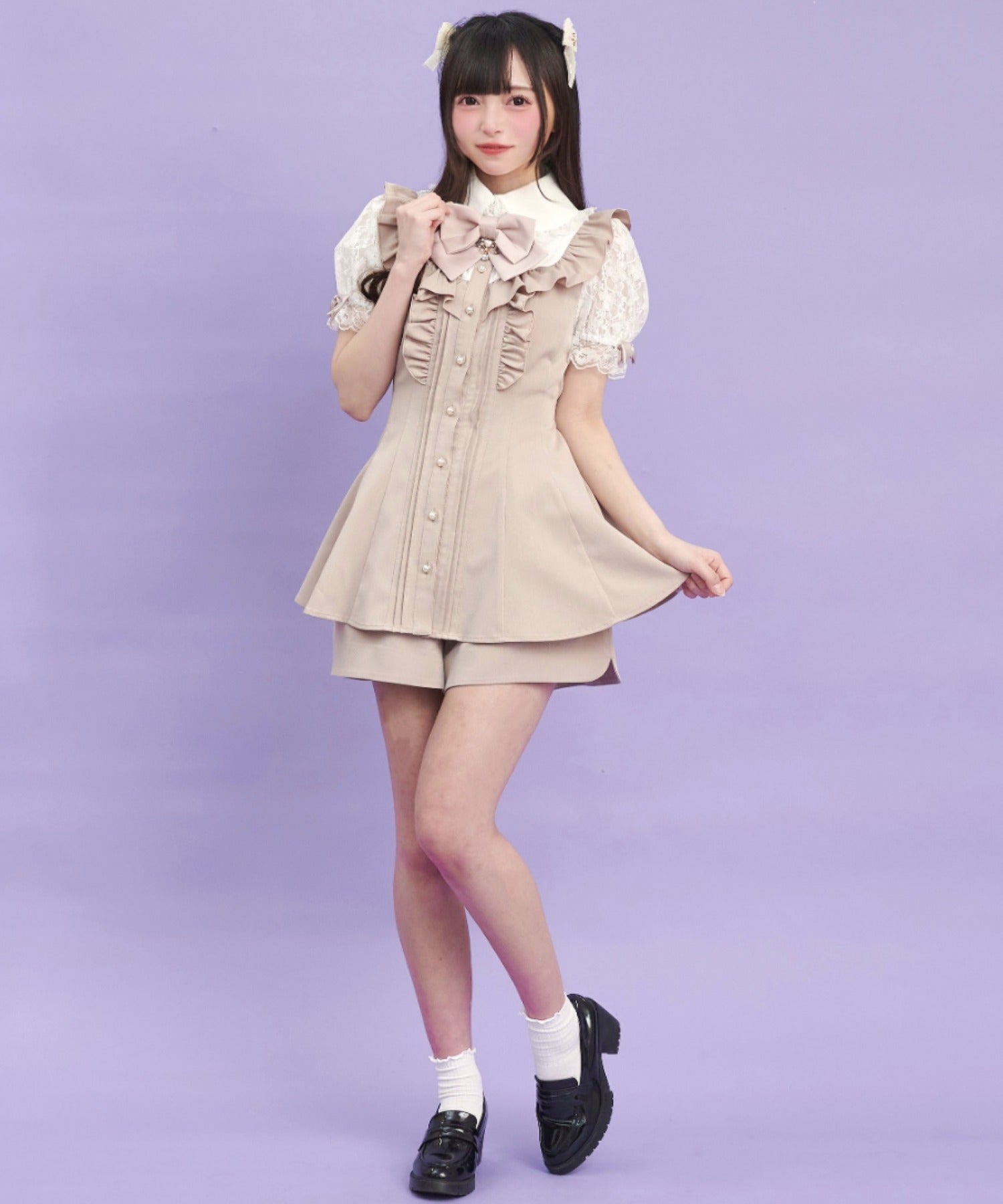 シークレットハニー Secret Honey 半袖レースピンタックフリルヨーク切替セットアップ （ピンク） ピンク