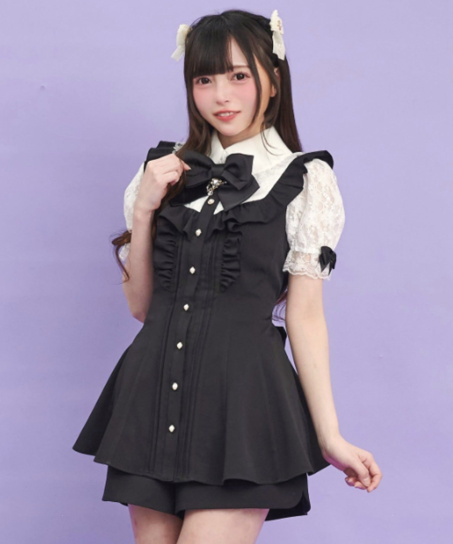 シークレットハニー Secret Honey 半袖レースピンタックフリルヨーク切替セットアップ （クロ） クロ
