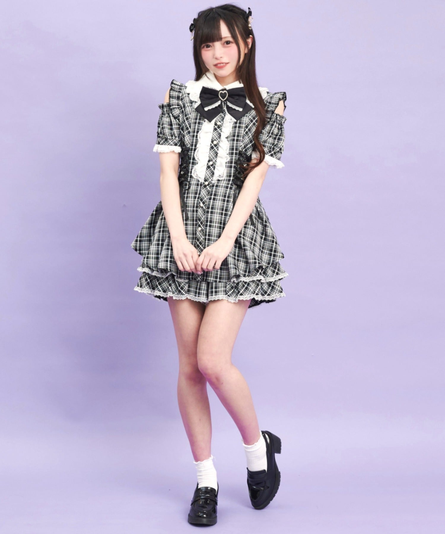 シークレットハニー Secret Honey サイドレースアップオフショル半袖セットアップ （チェッククロ） チェッククロ