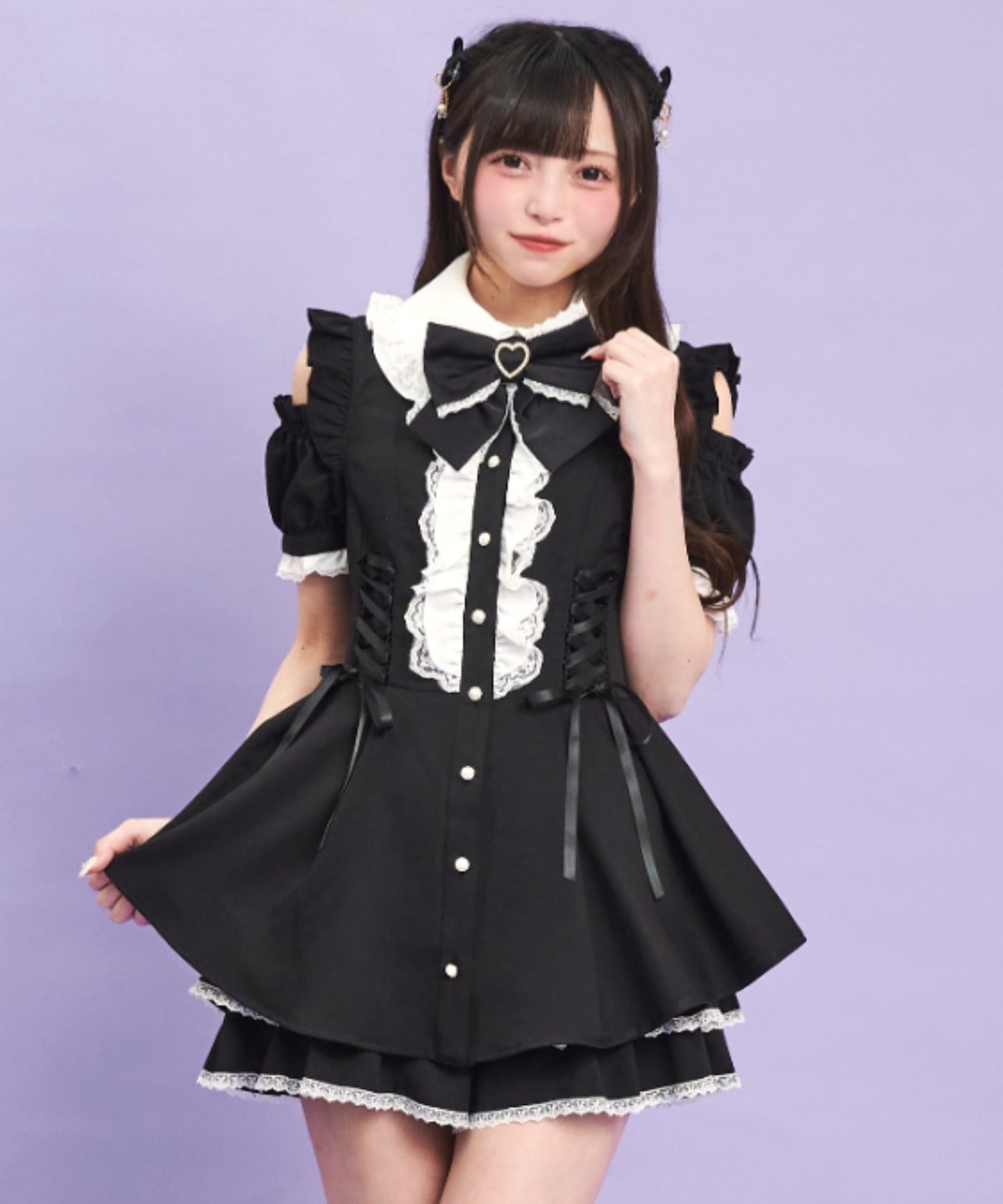 シークレットハニー Secret Honey サイドレースアップオフショル半袖セットアップ （クロ） クロ