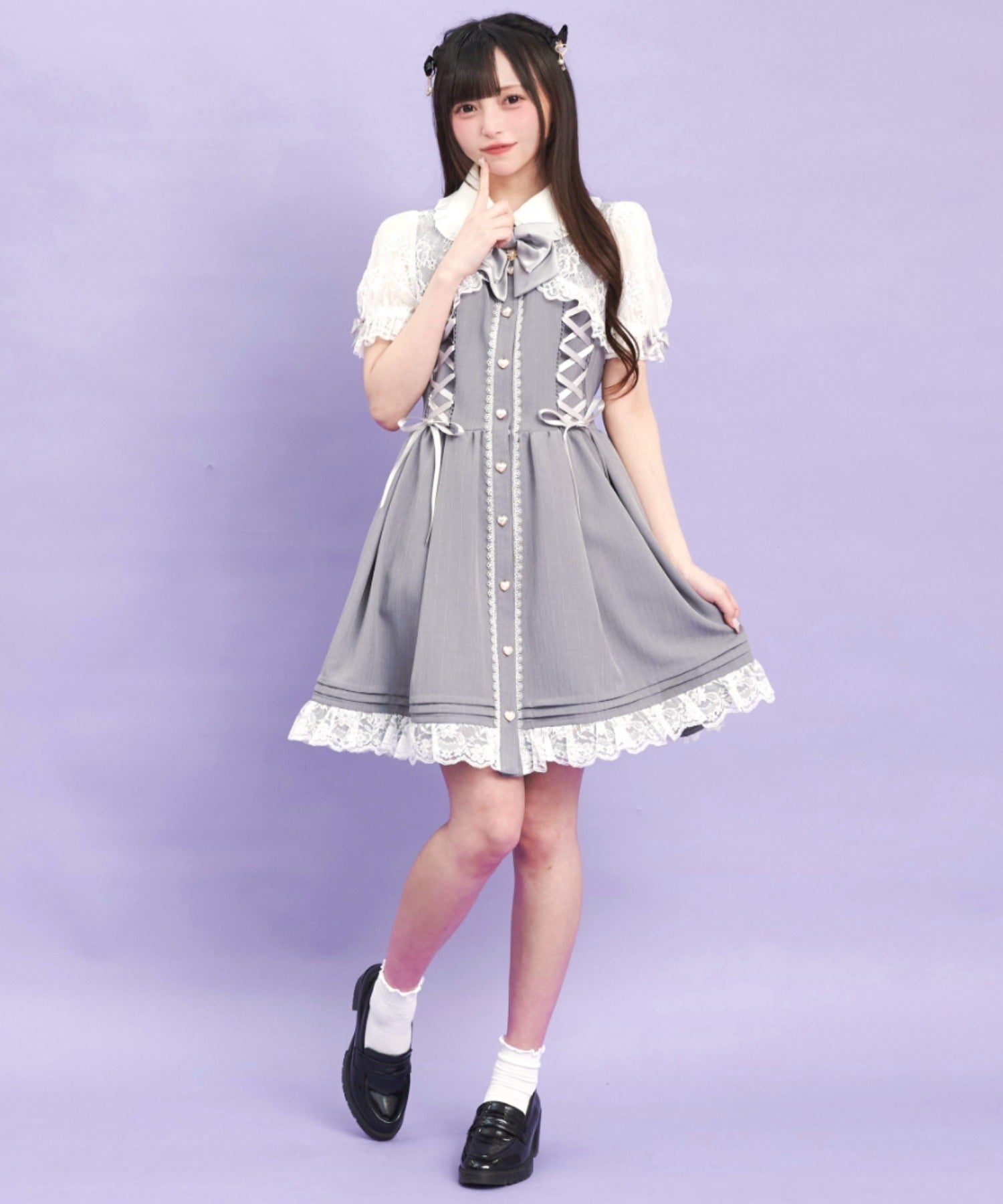 シークレットハニー Secret Honey 半袖ボレロ風サイドレースアップワンピース （グレー） グレー