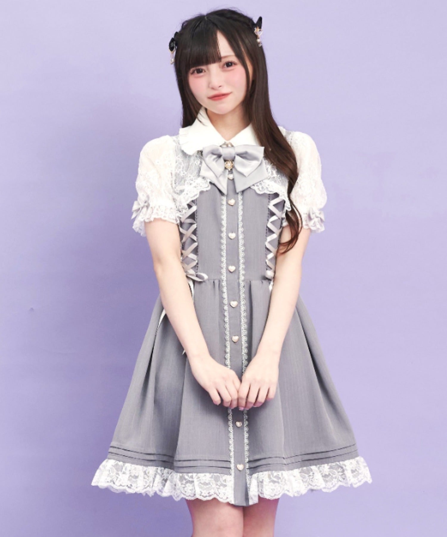 シークレットハニー Secret Honey 半袖ボレロ風サイドレースアップワンピース （グレー） グレー